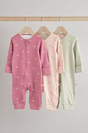 Next Baby % 100 Pamuklu Pembe Unicorn Desenli 3'lü Tulum Set