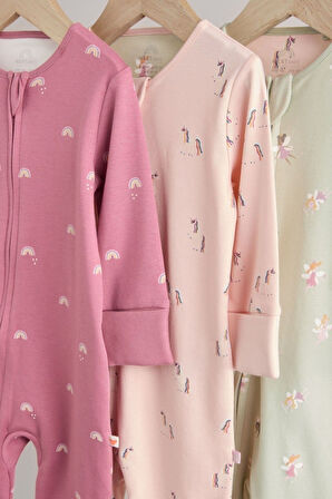 Next Baby % 100 Pamuklu Pembe Unicorn Desenli 3'lü Tulum Set
