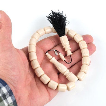 Osmanlı Saray Püsküllü Fransız Galalit (1940 Döküm) Kapsül Kesim Bilek Boy 10.5x12mm Tesbih - Ivory Sedefli Beyaz