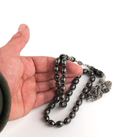 Kuka 925Ayar Gümüş Çakım ve Püskül, Gümüş Nakkaş İmame Beyzi Kesim 9x12mm Tesbih
