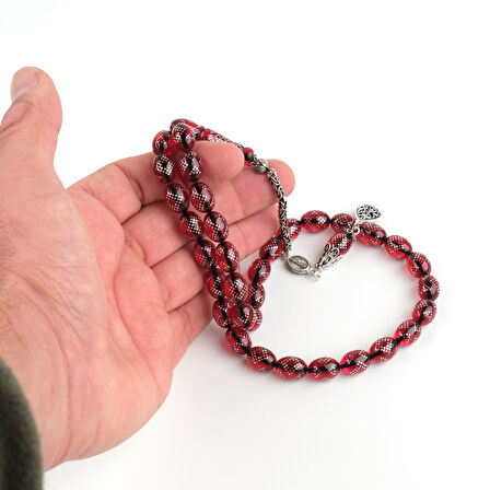 Ateş Kehribar 925Ayar Gümüş Çakım ve Püskül Beyzi Kesim 8.5x12mm Tesbih