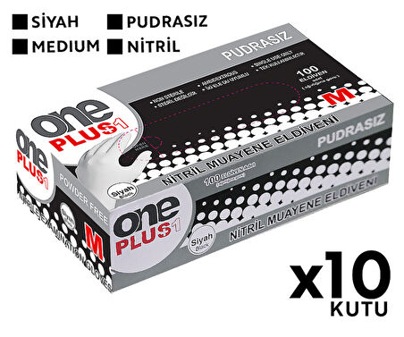 One Plus Nitril Muayene Eldiveni 100'lü M Orta Boy Siyah 10 Kutu