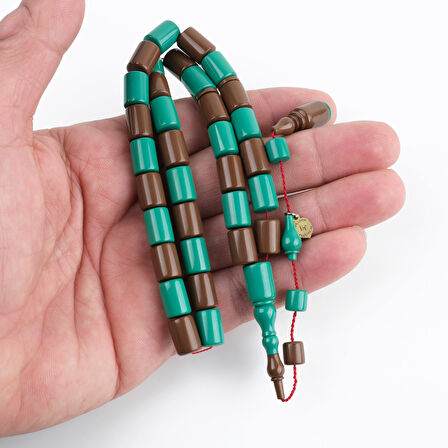Kadim Katalin Usta İşi İmzalı Kesme Kesim 8x11mm Tesbih -Yeşil / Kahve
