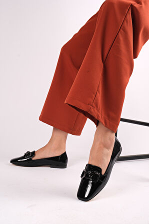 Siyah Metal Tokalı Parlak, Düz Topuklu,Babet Ayakkabı, Zarif ,Şık ,Bayan, Model SİYAH 36