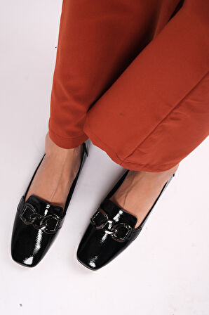 Siyah Metal Tokalı Parlak, Düz Topuklu,Babet Ayakkabı, Zarif ,Şık ,Bayan, Model SİYAH 38