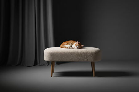 Retro Ahşap Ayaklı Geniş Oturum Alanlı Oval Puf Krem Krem