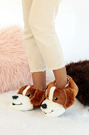 Unisex Eva Tabanlı suni pelüş görünümlü köpek figürlü ev içi rahat terlik kahve / 39-40