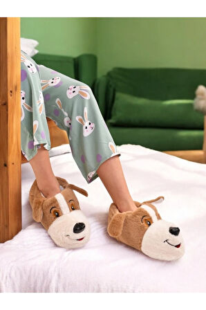 Unisex Eva Tabanlı suni pelüş görünümlü köpek figürlü ev içi rahat terlik kahve / 36-38