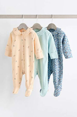 Next Baby %100 Pamuklu Krem Mvi Çiçek Desenli Yakalı 3'lü Tulum Set