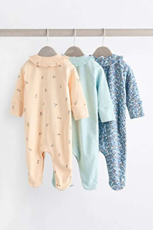 Next Baby %100 Pamuklu Krem Mvi Çiçek Desenli Yakalı 3'lü Tulum Set
