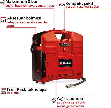 Einhell TE-AC 36/8 Li OF Set Akülü Kompresör atalarGELB36/210a