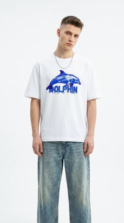 Erkek Beyaz Dolphin Baskılı Bisiklet Yaka Kısa Kollu Oversize Tişört Beyaz / 3XL