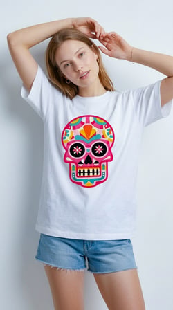 Kadın Beyaz Renkli Meksika Kurukafası (Calavera) Baskılı Bisiklet Yaka Oversize Tişört Beyaz / XL