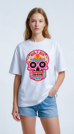 Kadın Beyaz Renkli Meksika Kurukafası (Calavera) Baskılı Bisiklet Yaka Oversize Tişört Beyaz / XL