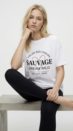 Kadın Beyaz Paris Temalı, Kalp Detaylı Oversize Tişört Beyaz / XL