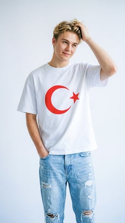 Unisex Ay Yıldız Baskılı Beyaz T-Shirt - Türk Bayrağı Tasarımlı Pamuklu Oversize Tişört Beyaz / M