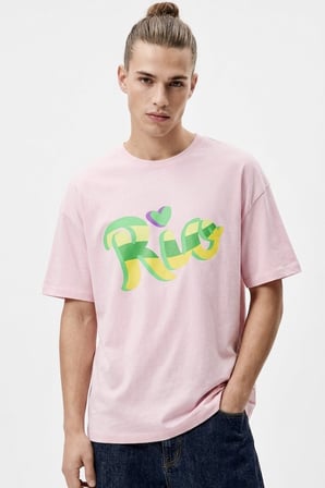 Erkek Pembe Rio Baskılı Oversize Bisiklet Yaka Tişört Pembe / S