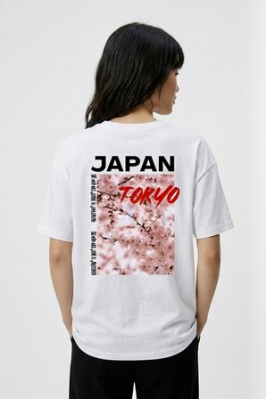 Unisex Beyaz Oversize Tişört - Minimal Tokyo Tipografi Baskılı Beyaz / M