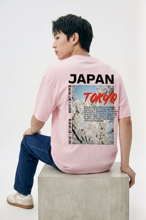 Unisex Pembe Oversize Tişört - Minimal Tokyo Tipografi Baskılı Pembe / XL
