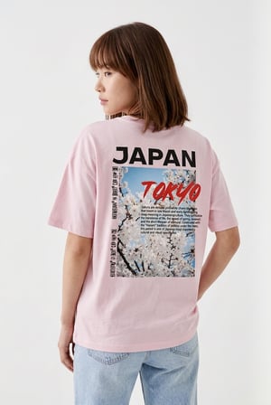 Unisex Pembe Oversize Tişört - Minimal Tokyo Tipografi Baskılı Pembe / XL