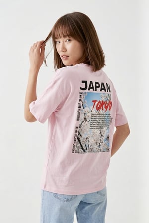 Unisex Pembe Oversize Tişört - Minimal Tokyo Tipografi Baskılı Pembe / XL