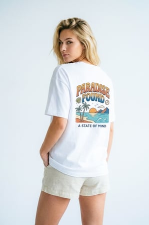 Unisex Beyaz Oversize "Paradise Found" Sırt Baskılı Retro Tişört Beyaz / 4XL