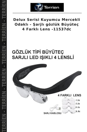 Delux Serisi Kuyumcu Mercekli Odaklı - Şarjlı gözlük Büyüteç 4 Farklı Lens -11537dc