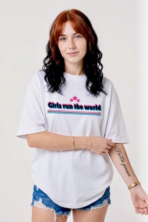 Kadın Beyaz 'Girls Run The World' Baskılı Oversize Tişört Beyaz / XXL
