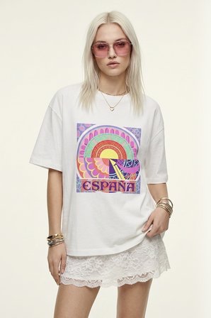 Kadın Beyaz Retro "España" Baskılı Bisiklet Yaka Oversize Tişört Beyaz / XS
