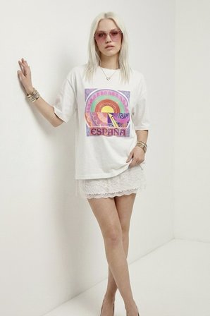 Kadın Beyaz Retro "España" Baskılı Bisiklet Yaka Oversize Tişört Beyaz / M