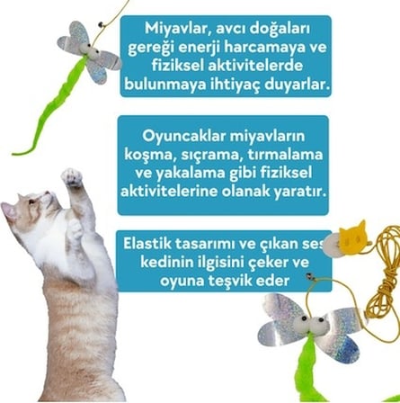Miyav Yusufçuk Kendinden Yapışkanlı ve Ses Çıkaran Kedi Oltası 2 Metre Lastikli Elastik Kedi Oyun Oltası