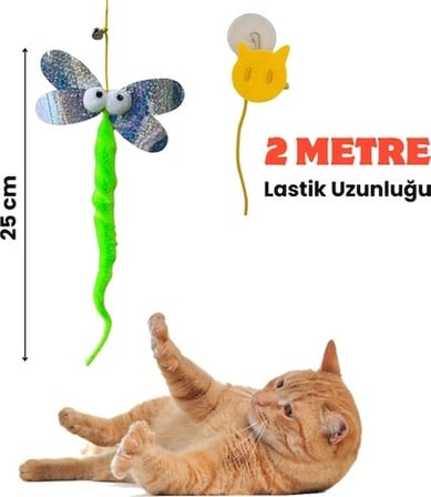 Miyav Yusufçuk Kendinden Yapışkanlı ve Ses Çıkaran Kedi Oltası 2 Metre Lastikli Elastik Kedi Oyun Oltası