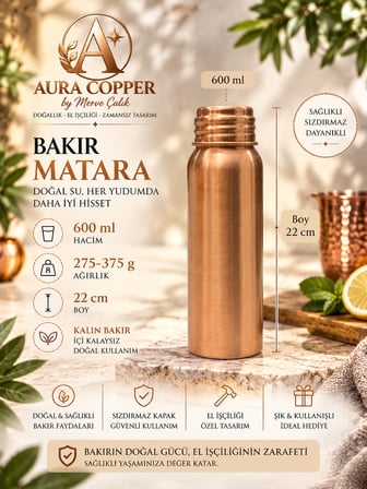 Kalın Bakır Matara 600 ml – Kalaysız İç Yüzey El Yapımı Su Şişesi Suluk 22 cm Ac-00004