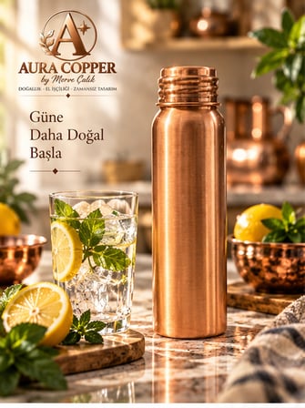 Kalın Bakır Matara 600 ml – Kalaysız İç Yüzey El Yapımı Su Şişesi Suluk 22 cm Ac-00004