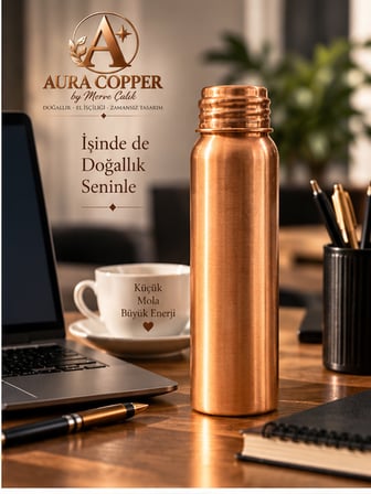 Kalın Bakır Matara 600 ml – Kalaysız İç Yüzey El Yapımı Su Şişesi Suluk 22 cm Ac-00004