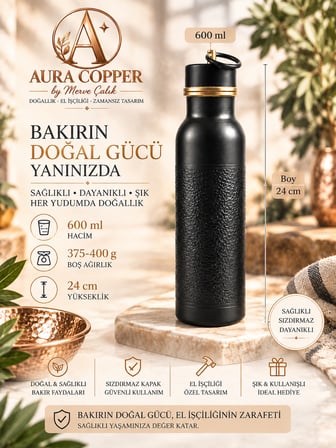Aura Copper Siyah Oksit Bakır Matara 600 ml – Dövme Desenli Sızdırmaz El Yapımı Su Şişesi Ac-00006