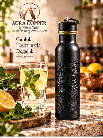 Aura Copper Siyah Oksit Bakır Matara 600 ml – Dövme Desenli Sızdırmaz El Yapımı Su Şişesi Ac-00006