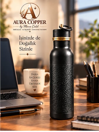 Aura Copper Siyah Oksit Bakır Matara 600 ml – Dövme Desenli Sızdırmaz El Yapımı Su Şişesi Ac-00006