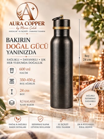 Aura Copper Siyah Oksit Bakır Matara 600 ml – Sızdırmaz Kapaklı El Yapımı Su Şişesi Ac-00007