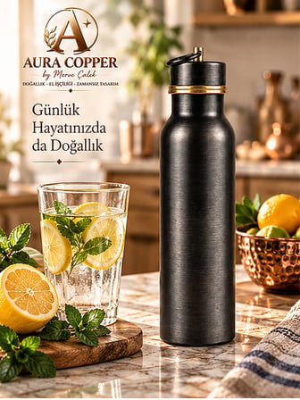 Aura Copper Siyah Oksit Bakır Matara 600 ml – Sızdırmaz Kapaklı El Yapımı Su Şişesi Ac-00007