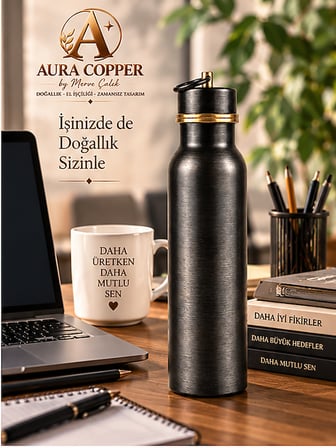 Aura Copper Siyah Oksit Bakır Matara 600 ml – Sızdırmaz Kapaklı El Yapımı Su Şişesi Ac-00007