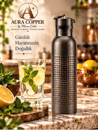 Aura Copper Siyah Oksit Bakır Matara 600 ml – Sızdırmaz Kapaklı El Yapımı Su Şişesi Ac-00008