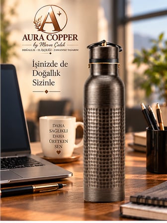 Aura Copper Siyah Oksit Bakır Matara 600 ml – Sızdırmaz Kapaklı El Yapımı Su Şişesi Ac-00008