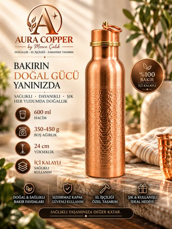 Aura Copper Bakır Matara 600 ml – İçi Kalaylı Sızdırmaz Kapaklı El Yapımı Su Şişesi Ac-00009