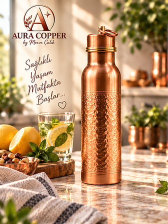 Aura Copper Bakır Matara 600 ml – İçi Kalaylı Sızdırmaz Kapaklı El Yapımı Su Şişesi Ac-00009