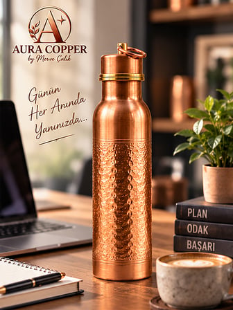Aura Copper Bakır Matara 600 ml – İçi Kalaylı Sızdırmaz Kapaklı El Yapımı Su Şişesi Ac-00009