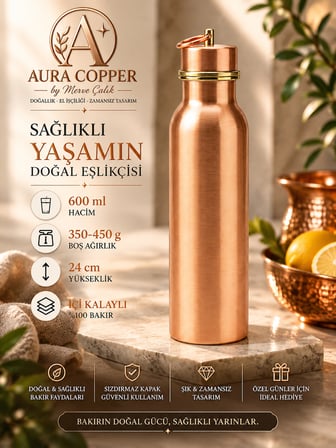 Aura Copper Bakır Matara 600 ml – İçi Kalaylı Sızdırmaz Kapaklı El Yapımı Su Şişesi Ac-00010