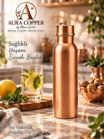Aura Copper Bakır Matara 600 ml – İçi Kalaylı Sızdırmaz Kapaklı El Yapımı Su Şişesi Ac-00010