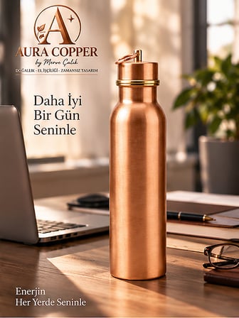 Aura Copper Bakır Matara 600 ml – İçi Kalaylı Sızdırmaz Kapaklı El Yapımı Su Şişesi Ac-00010