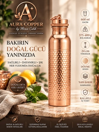 Aura Copper Bakır Matara 600 ml – İçi Kalaylı Sızdırmaz Kapaklı El Yapımı Su Şişesi Ac-00011
